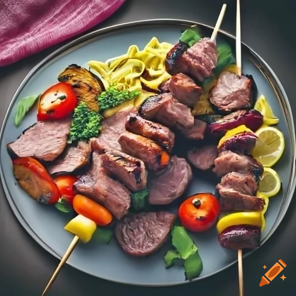 Delicious grilled skewers with meat and vegetables