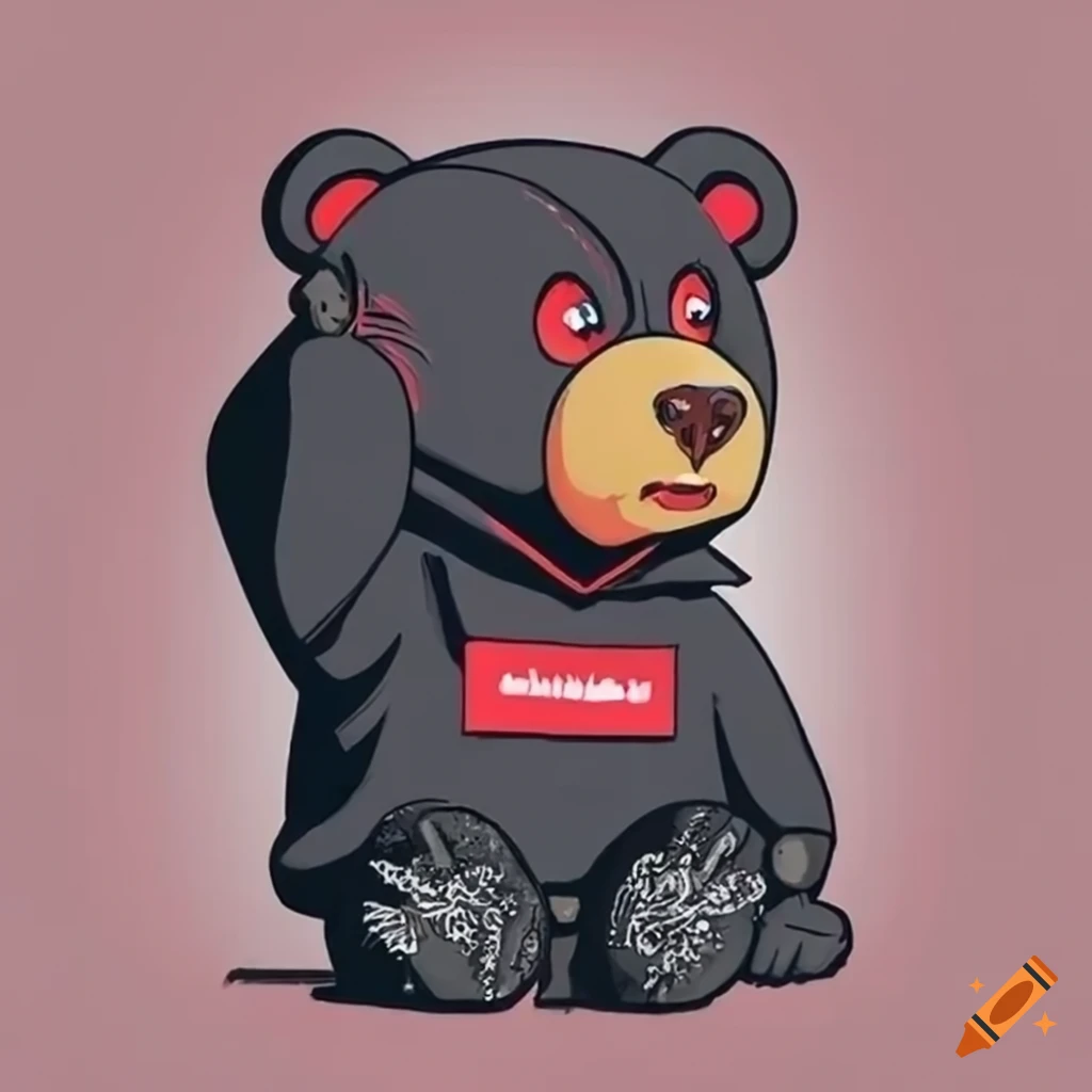 Bear wearing black hoodie with red supreme logo