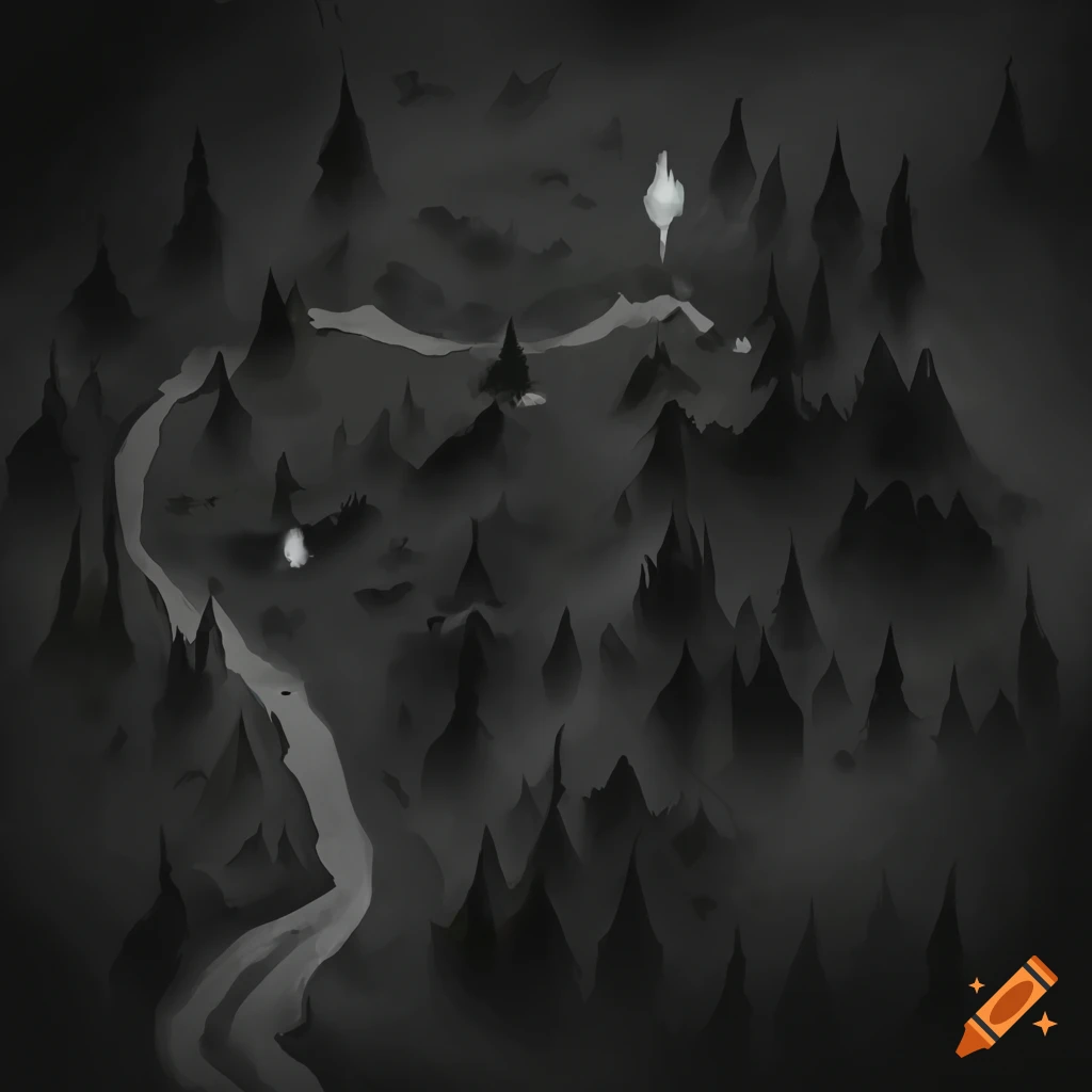 top-down view of a fantasy map with forest and mountains