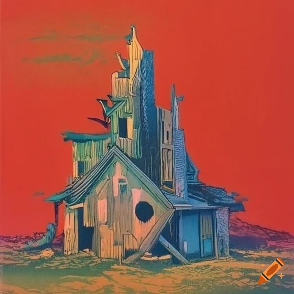 Colorful japanese woodblock print of a surrealist alien landscape on