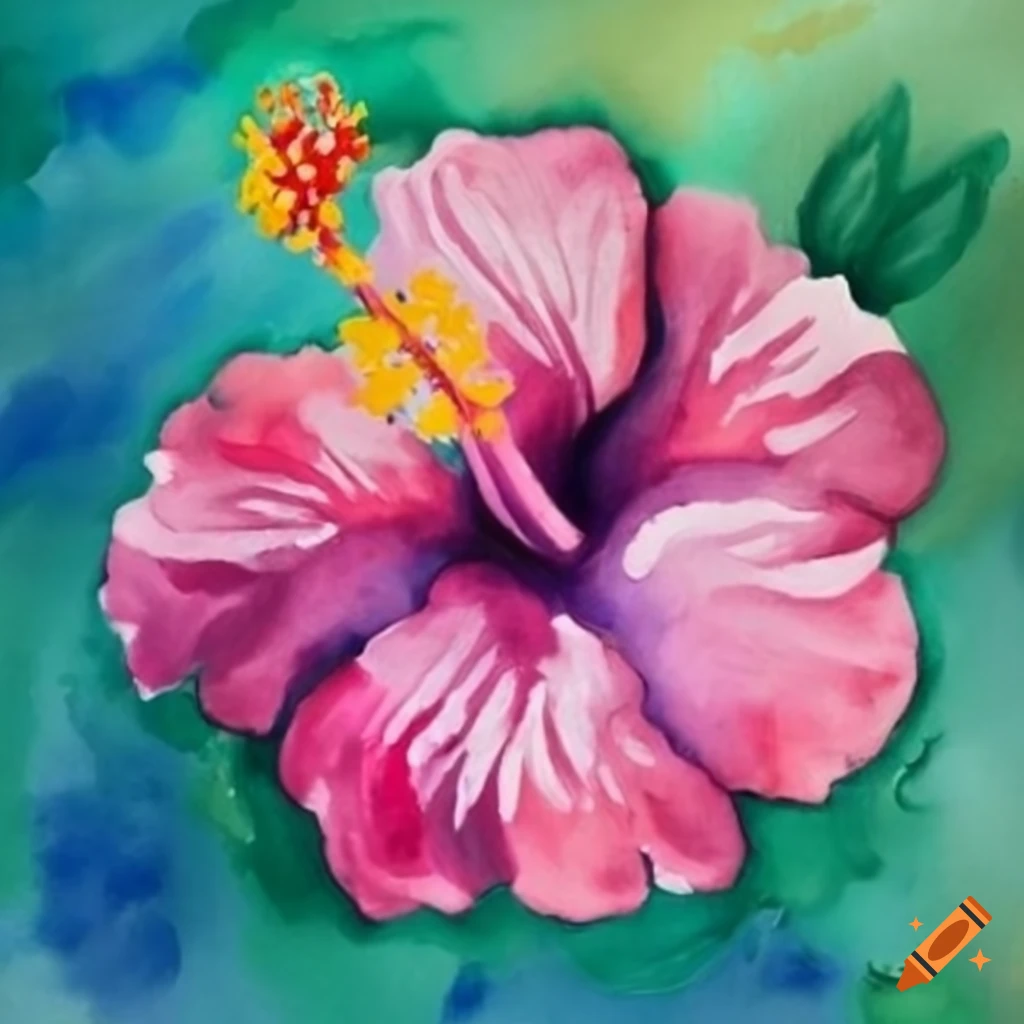 Cartoon stitch with pink plumeria on hawaiian background on Craiyon