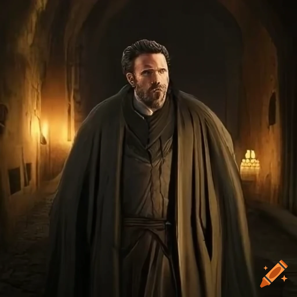 image of Ben Affleck as a medieval detective in dark alleyway