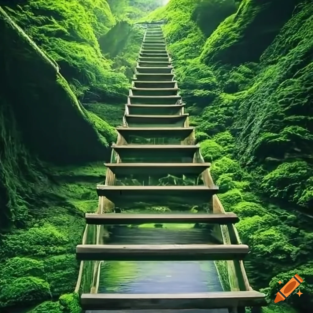 metal staircase in the middle of green mountains