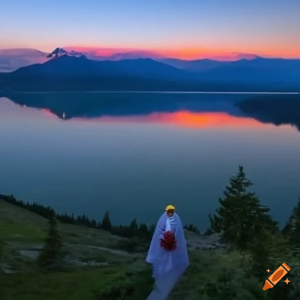 Mountain lake at sunset on Craiyon