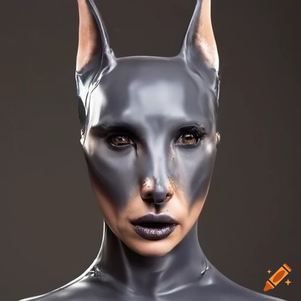 Latex mask of natalie portman with doberman head