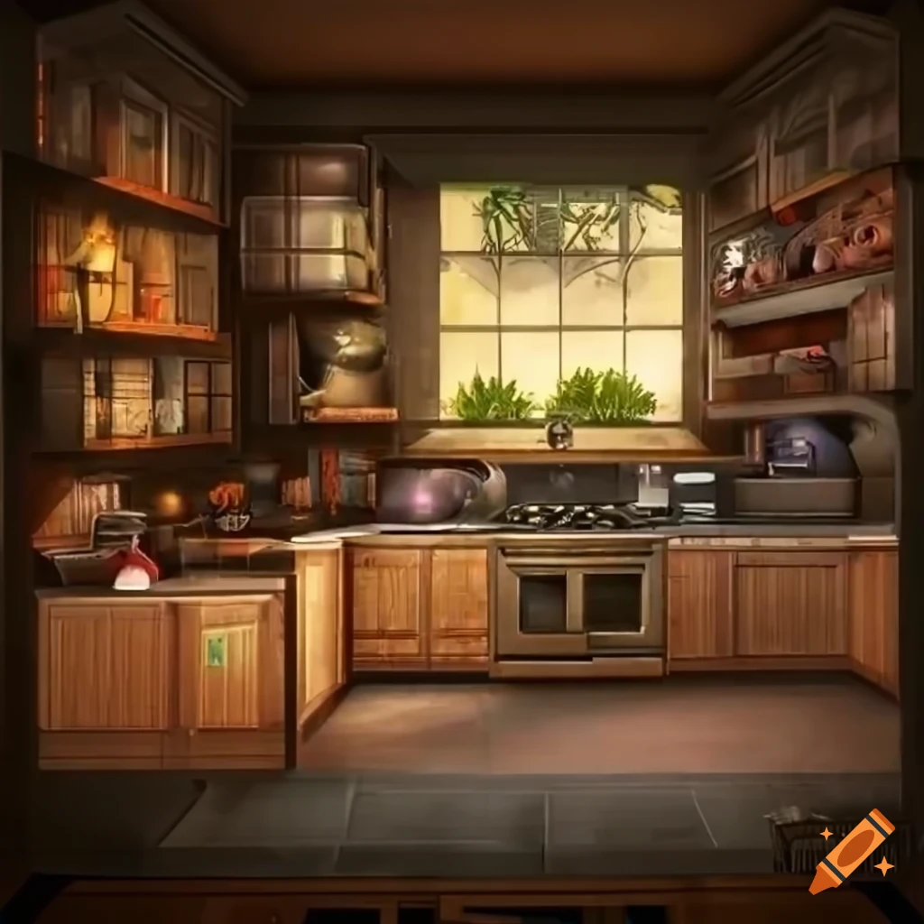 Fantasy kitchen with a beautiful stove and floating computer on Craiyon