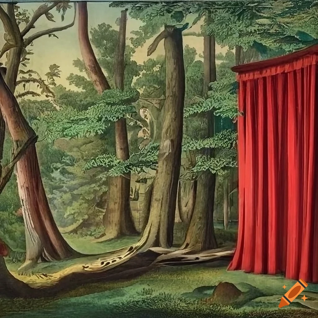 John james audubon's realistic painting of a forest with red curtains