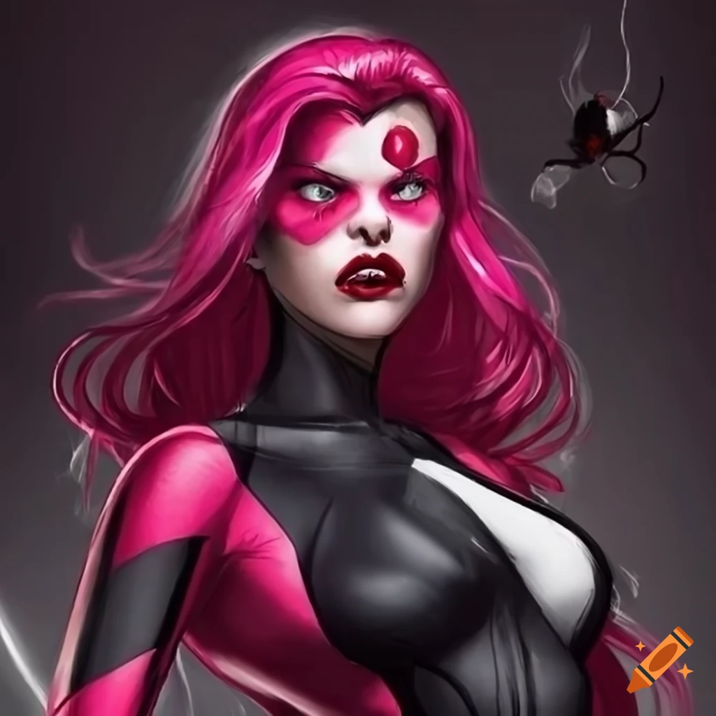 pink-widow-spider-woman-with-black-hair-and-green-eyes