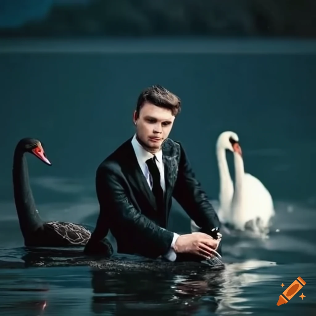 man in tuxedo with a black swan by the lake