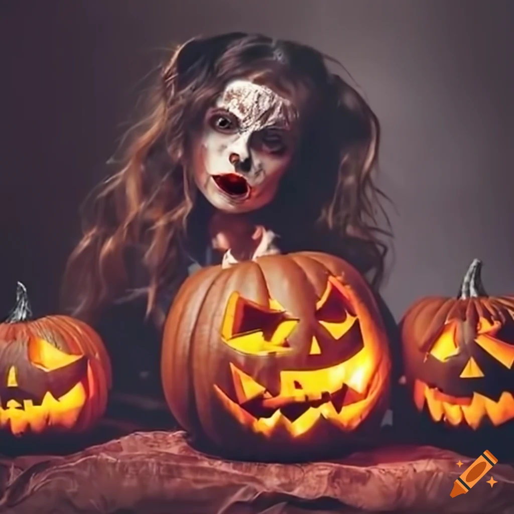 creepy Halloween pumpkin with girls in costumes
