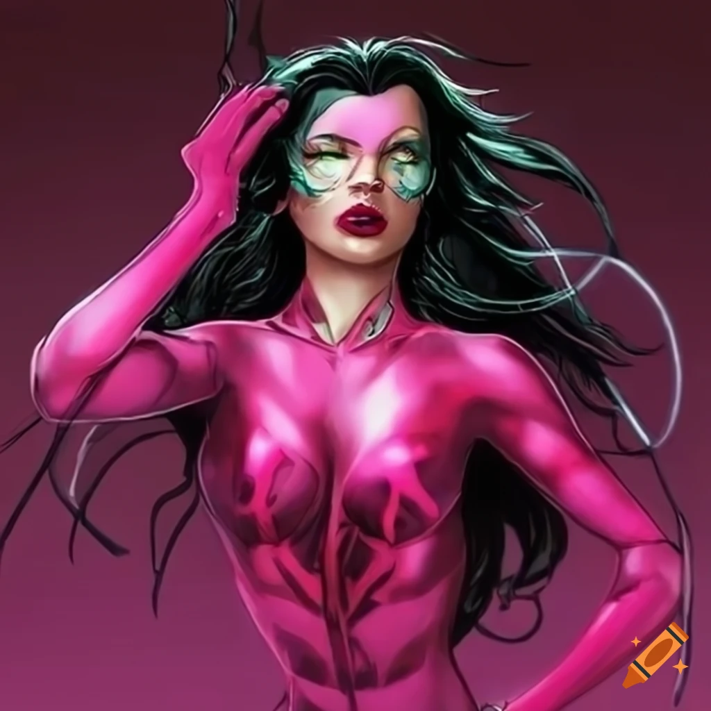 Image Of A Woman With Black Hair And Green Eyes Dressed As A Pink Widow Spider On Craiyon 