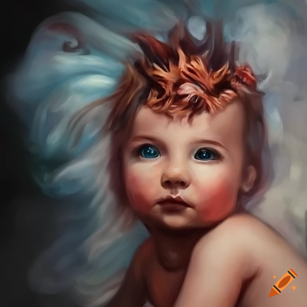 oil painting of a cute baby with dragon features