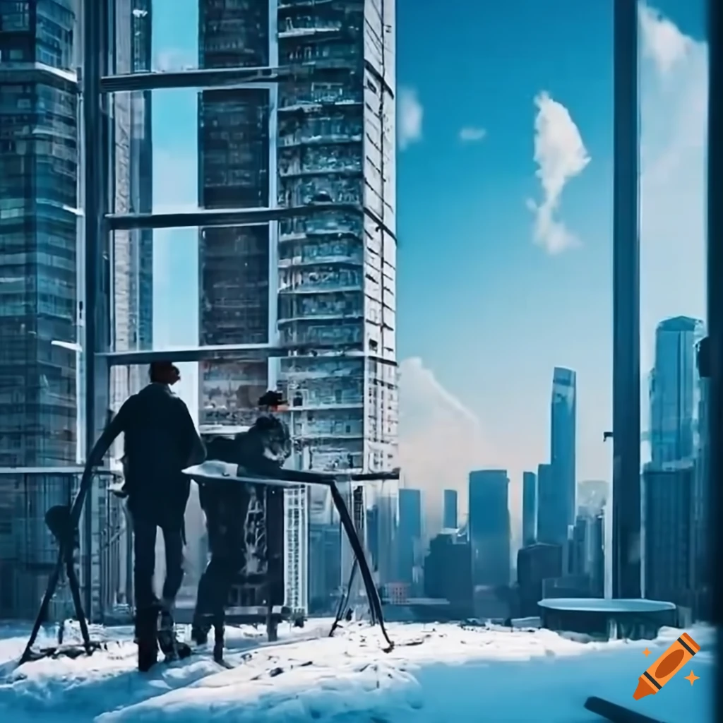 modern office in a skyscraper with snowy city view