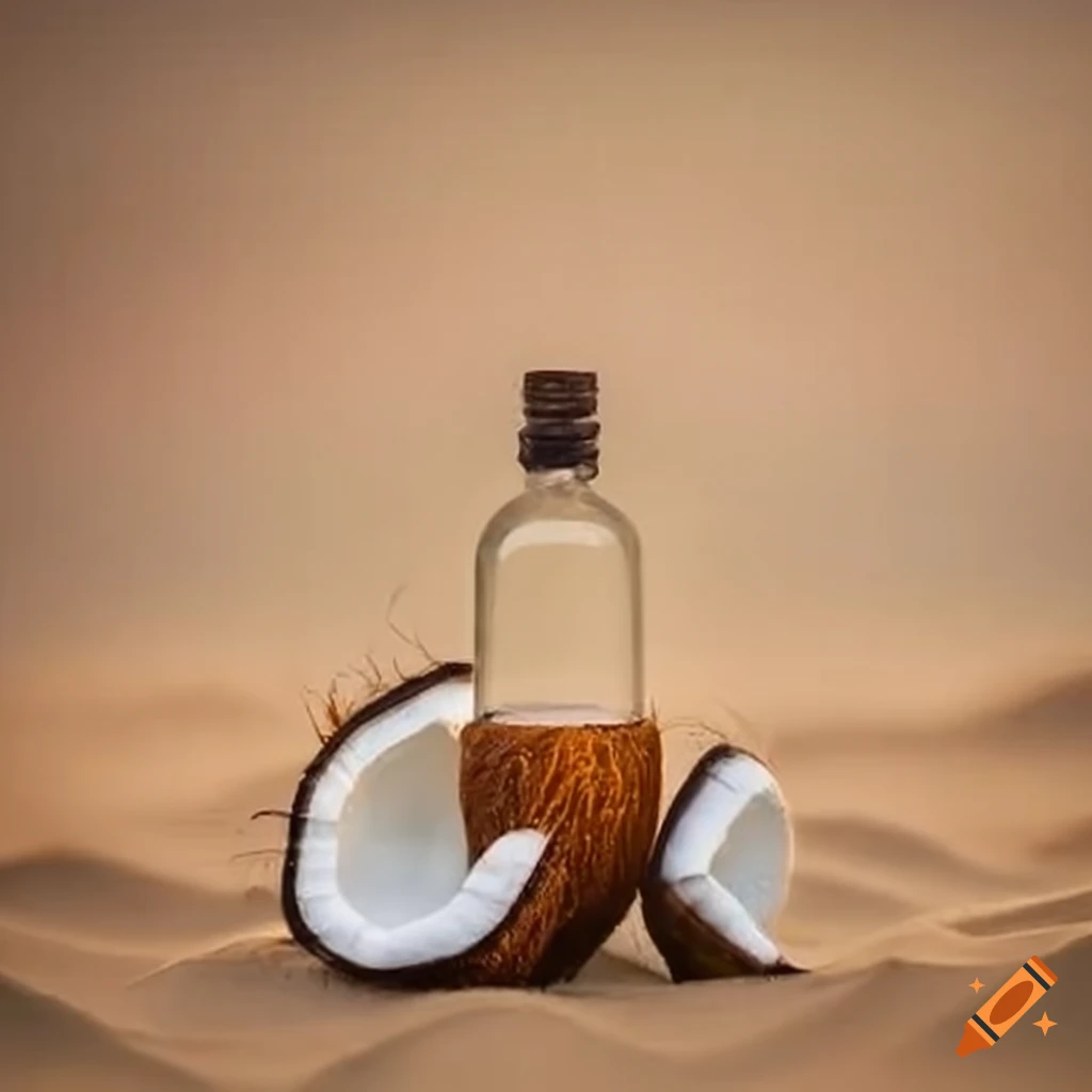 Coconut oil bottle on sandy beach