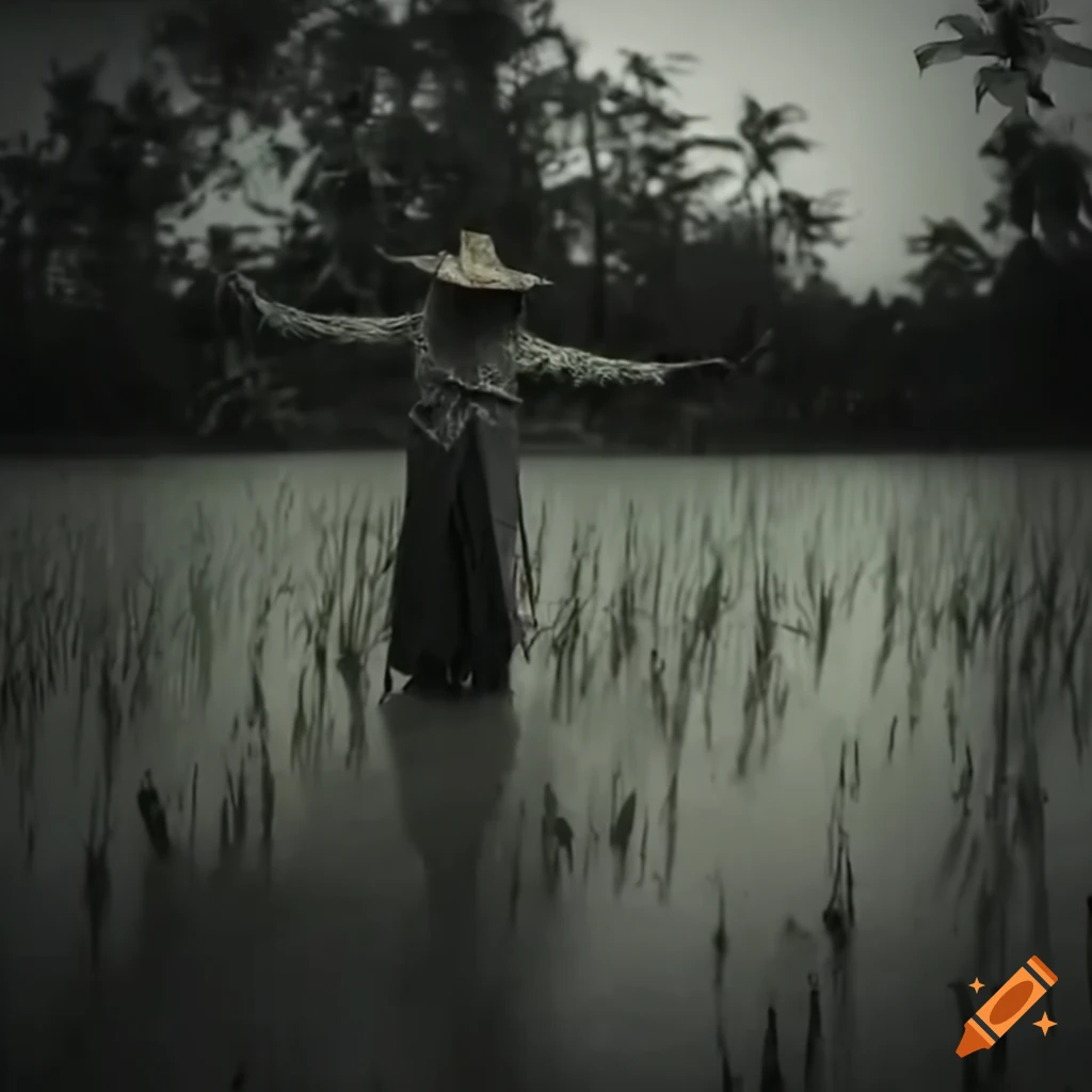 scarecrow standing in an empty rice paddy