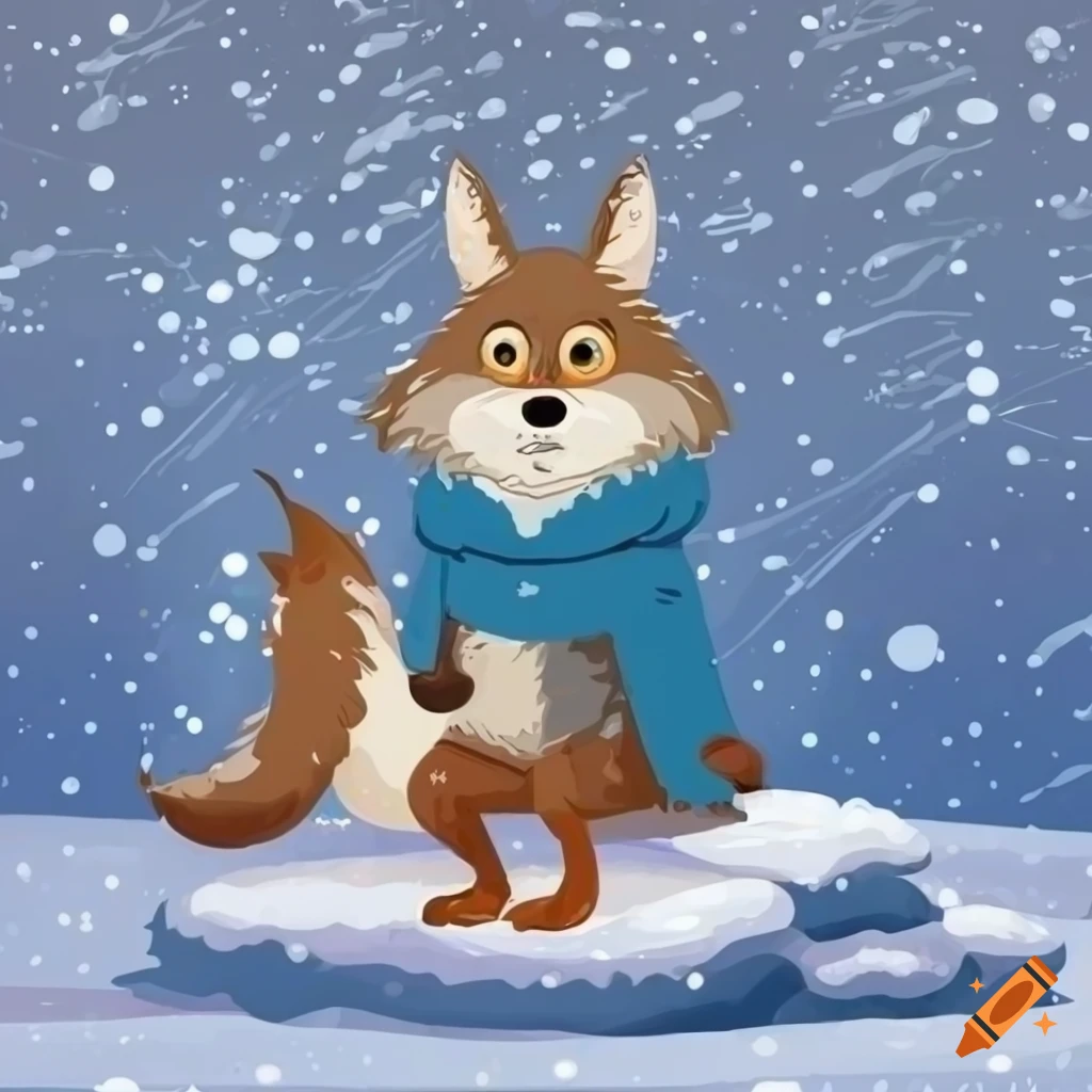 cartoon illustration of a coyote in a winter coat