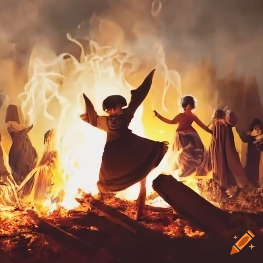 Children dancing around a bonfire on craiyon