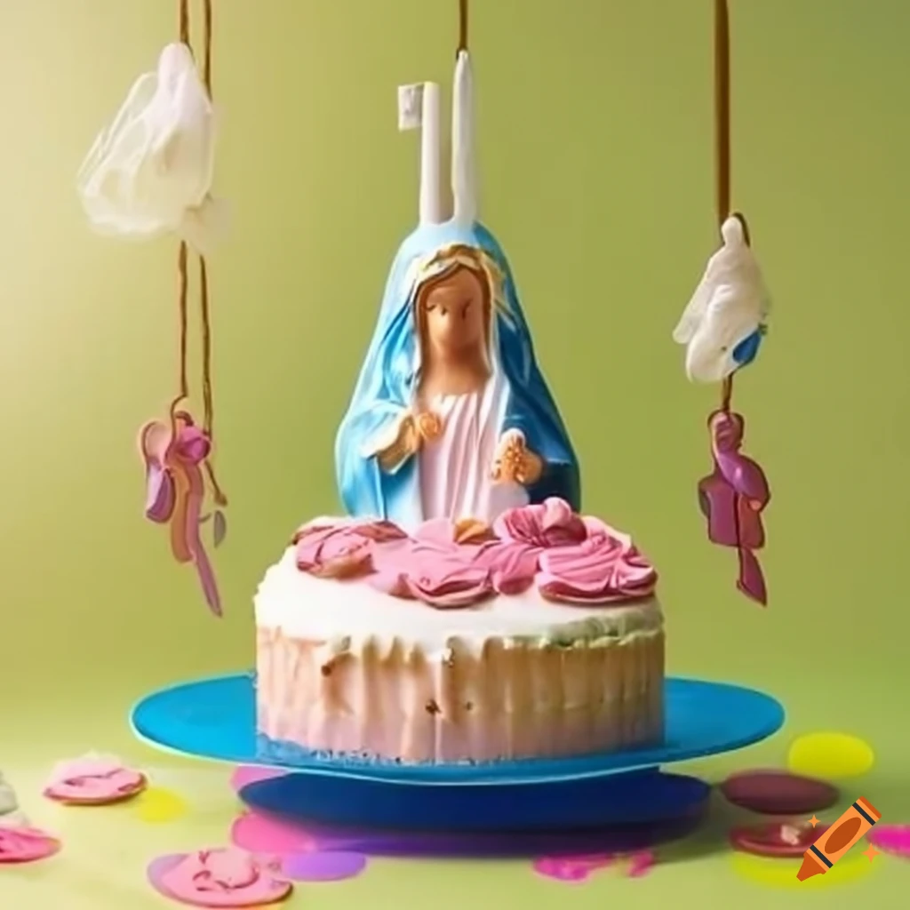 intriguing birthday party setup with question marks and Virgin Mary figurine