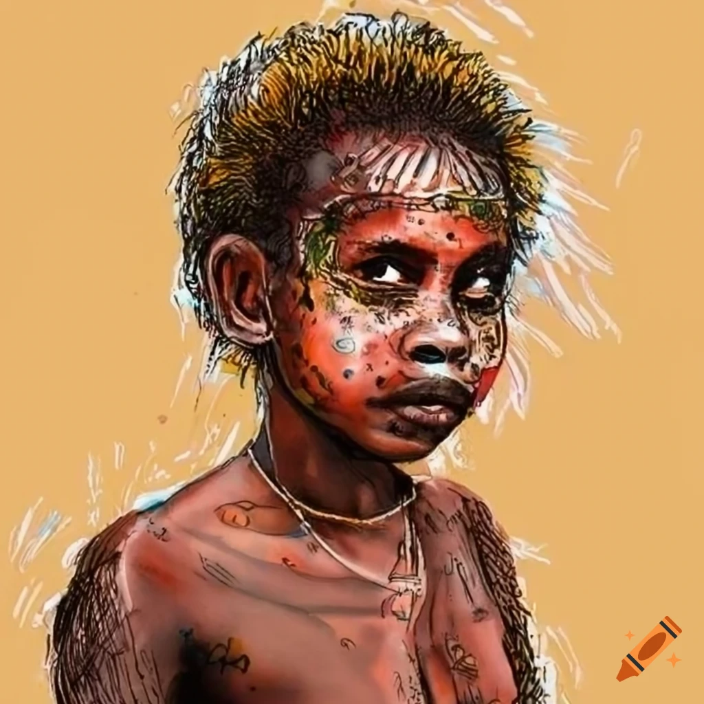 pen and ink drawing of a young Melanesian girl in a Ni-Vanuatu village