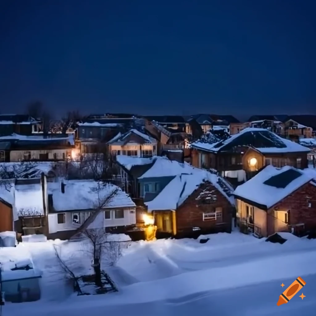 nighttime snow-covered neighborhood roofs