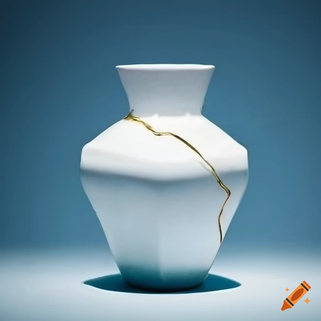 kintsugi inspired white art deco vase with dramatic lighting