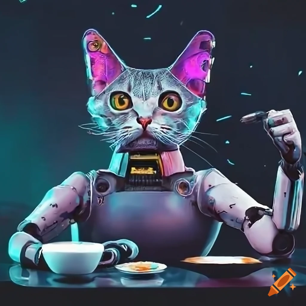 Cyberpunk artwork of robot cats cooking breakfast on Craiyon