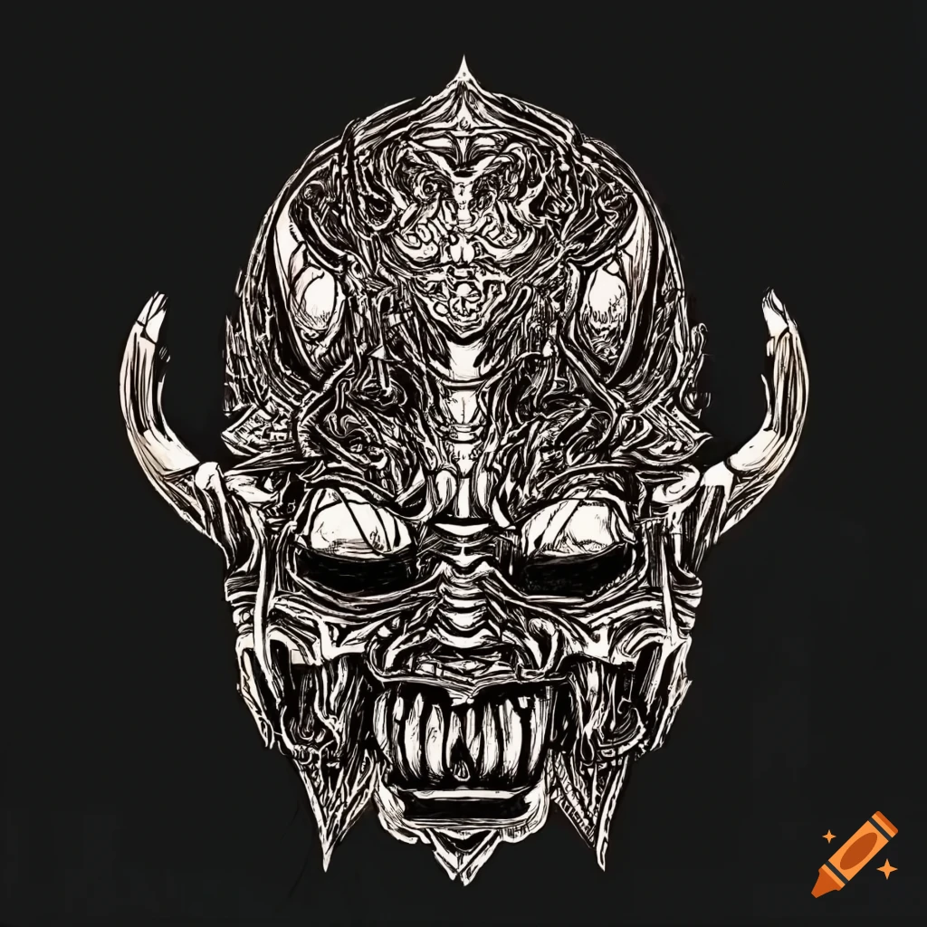 intricate illustration of a demon helmet with menacing motifs
