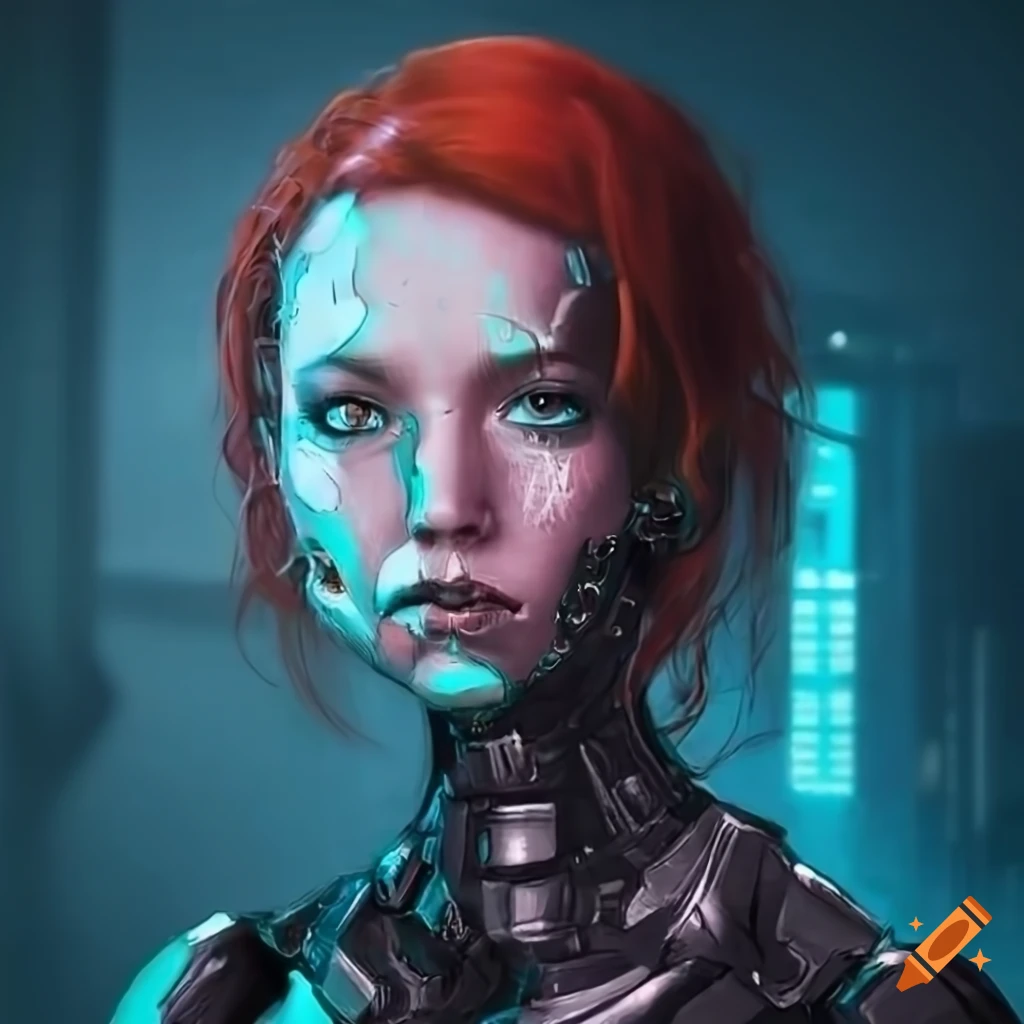 Disappointed redhead robot girl in a cyberpunk setting