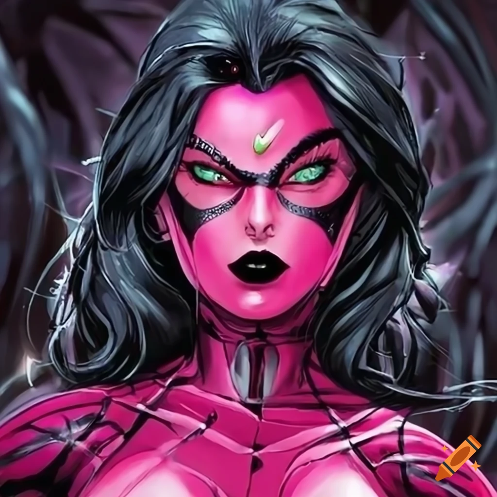 Pink Widow Spider Woman With Black Hair And Green Eyes 2268