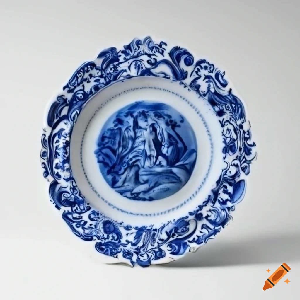 White and blue relief rococo plate on Craiyon