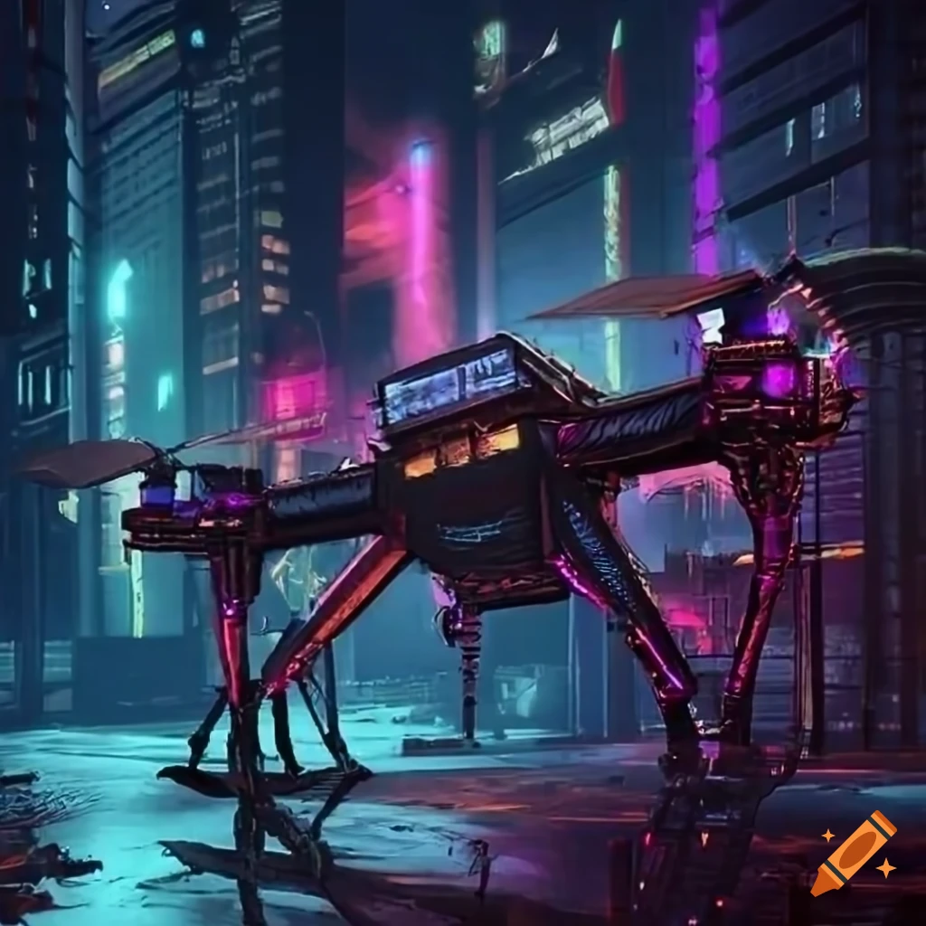 Cyberpunk mobile home with multiple shadowrunners riding on top of