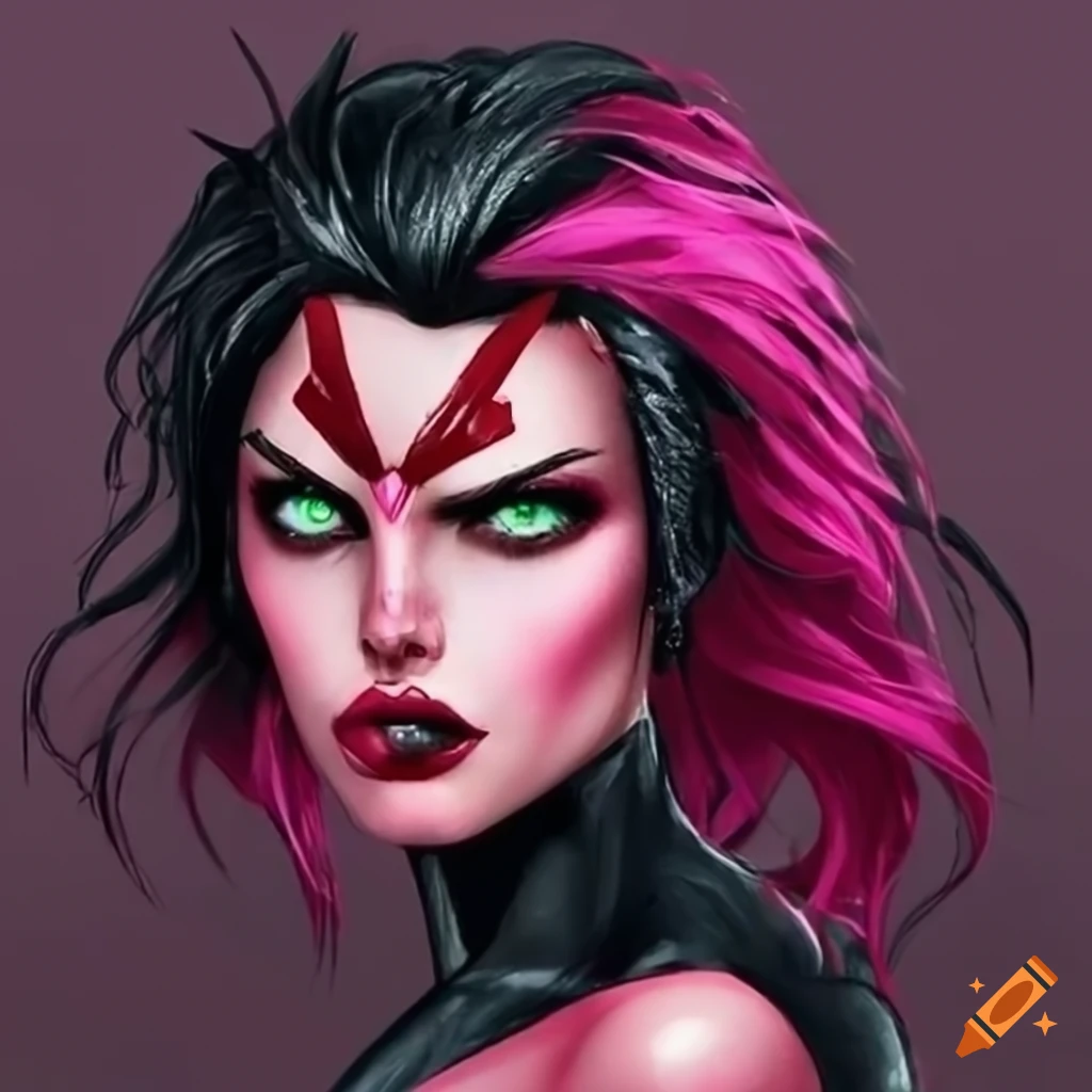 Image of a pink widow spider-woman with black hair and green eyes on ...