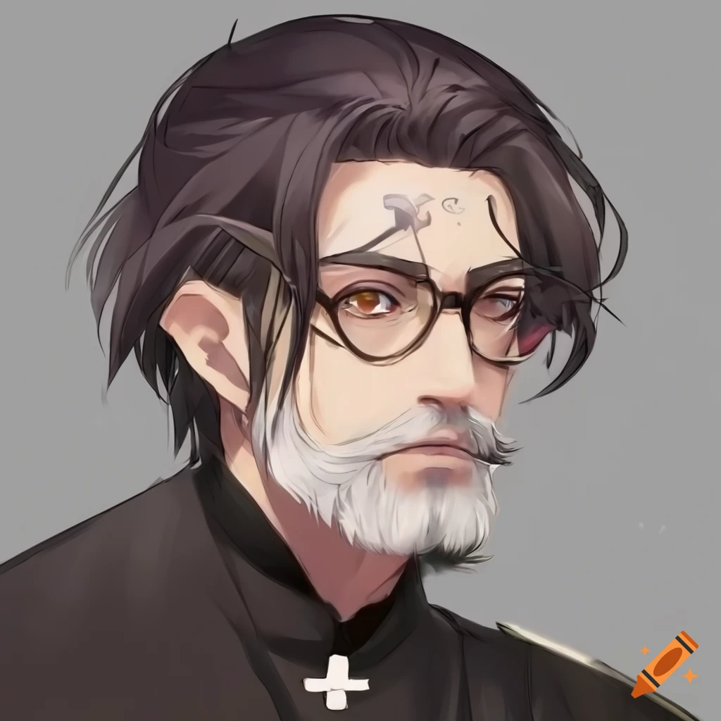 anime style depiction of an older male priest