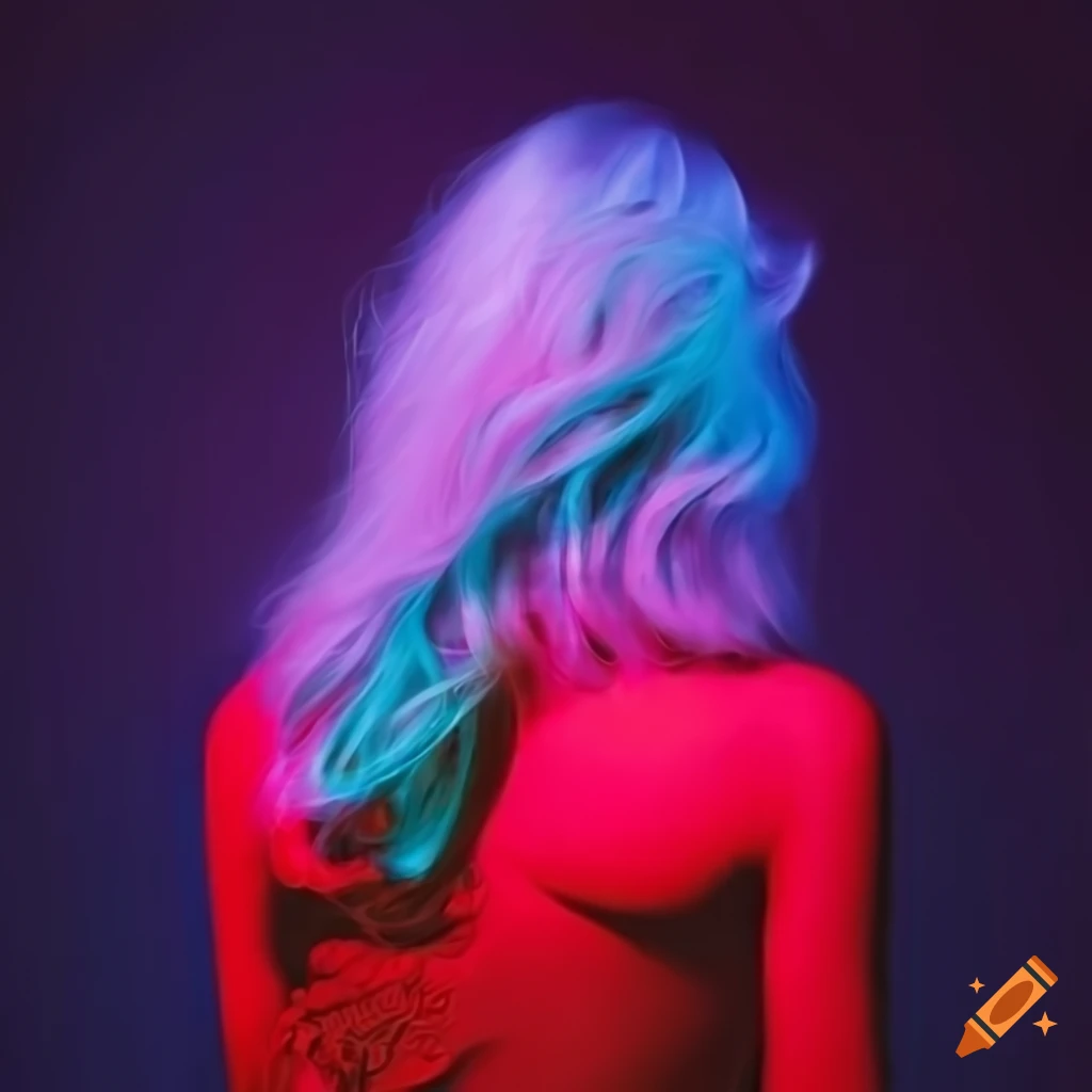 neon lights and a woman in a red dress from the 80s