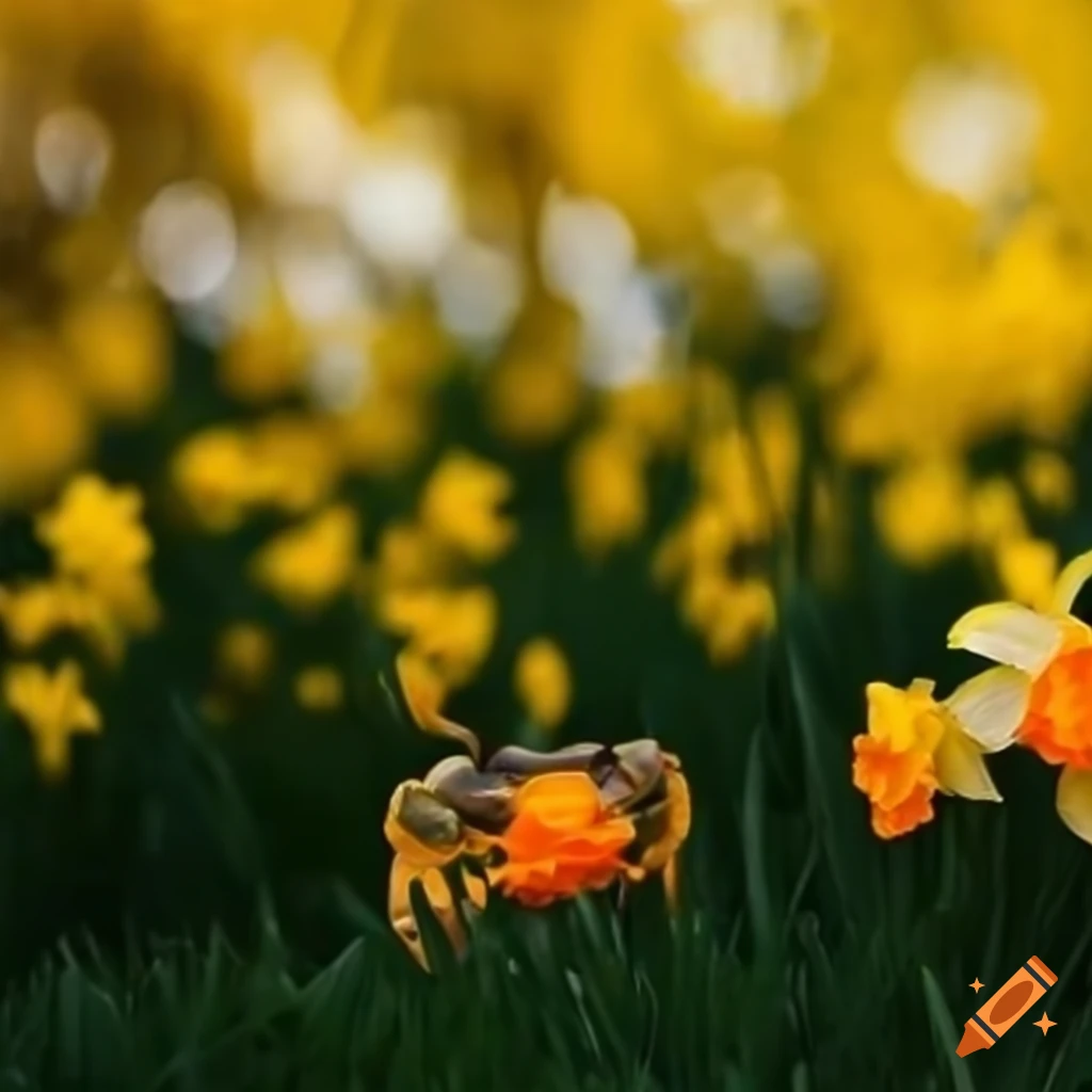 crab in a field of daffodils