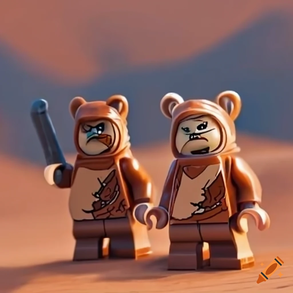 Lego ewoks walking in the desert