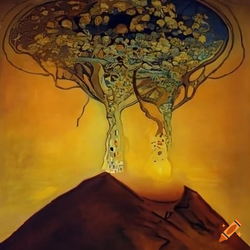 dreamlike painting of Naples with glowing orbs and dandelion trees