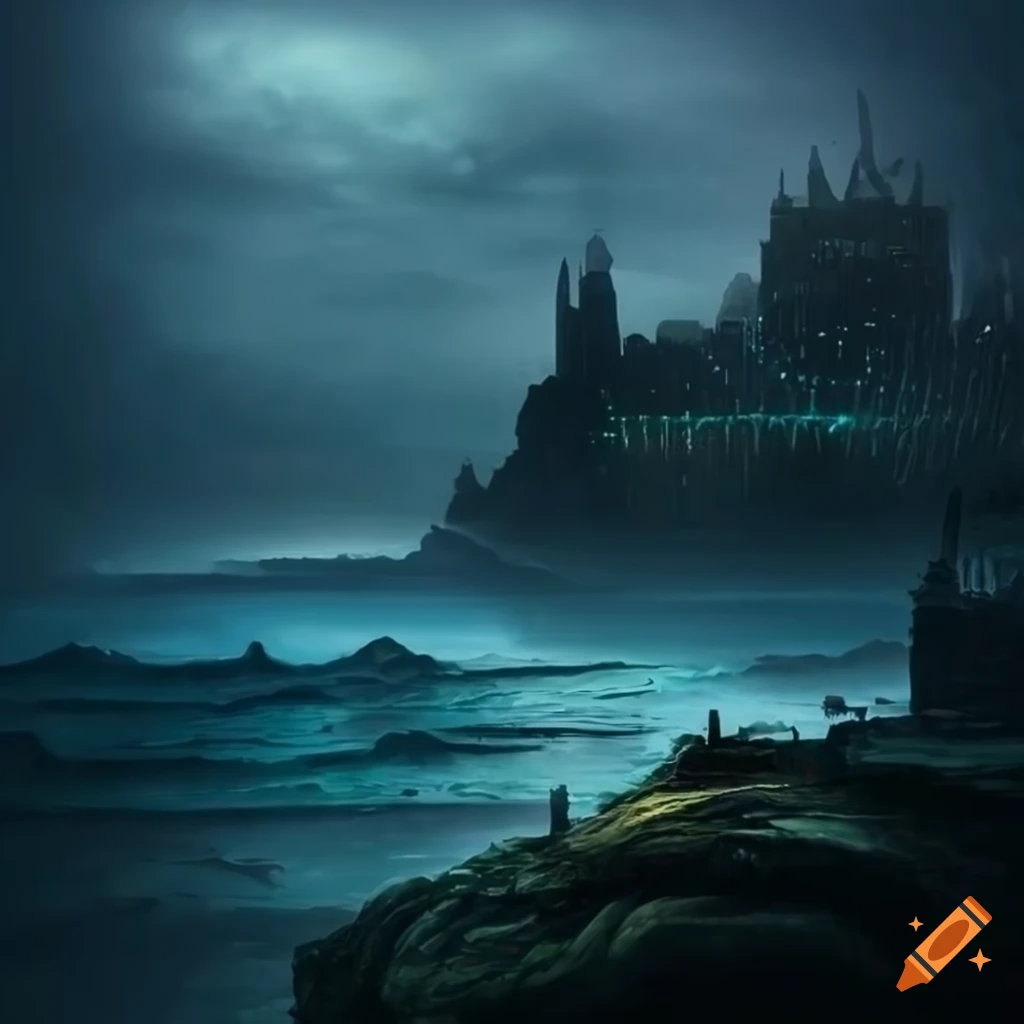 Dark stormy night in a fantasy city on Craiyon