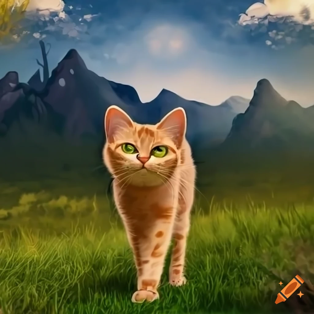 Cute ginger tabby cat sitting on a tall rock with a forest