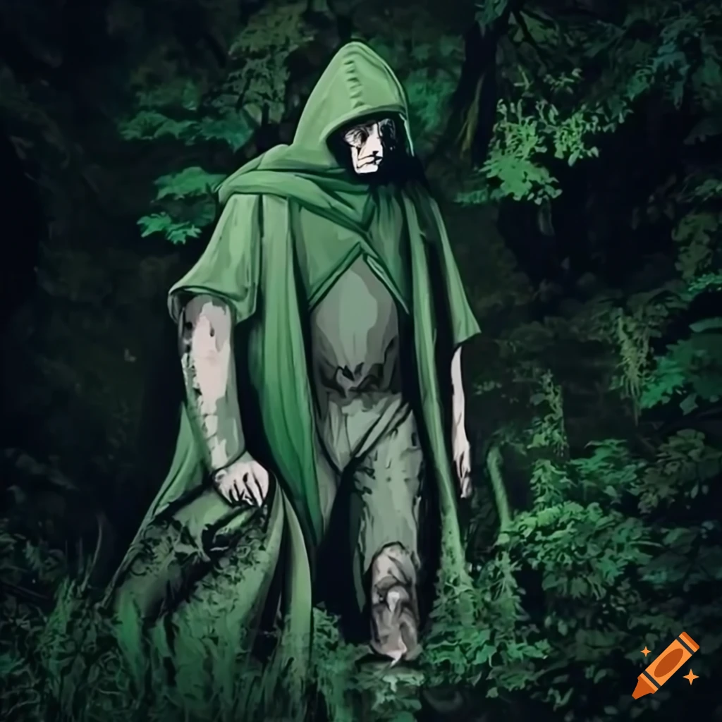 illustration of a human robin hood in a lush forest