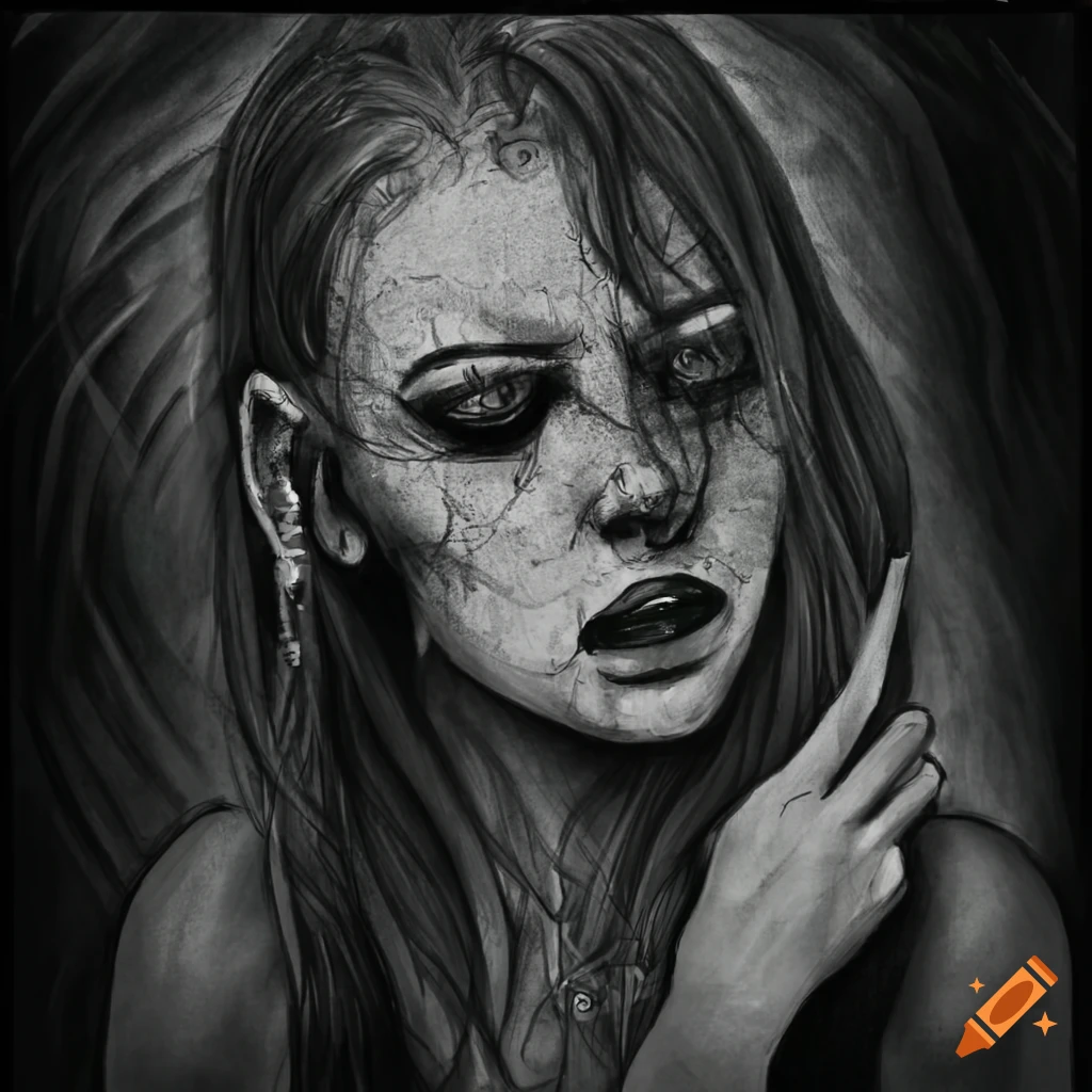 Portrait of a woman with black metal corpse paint in the art style
