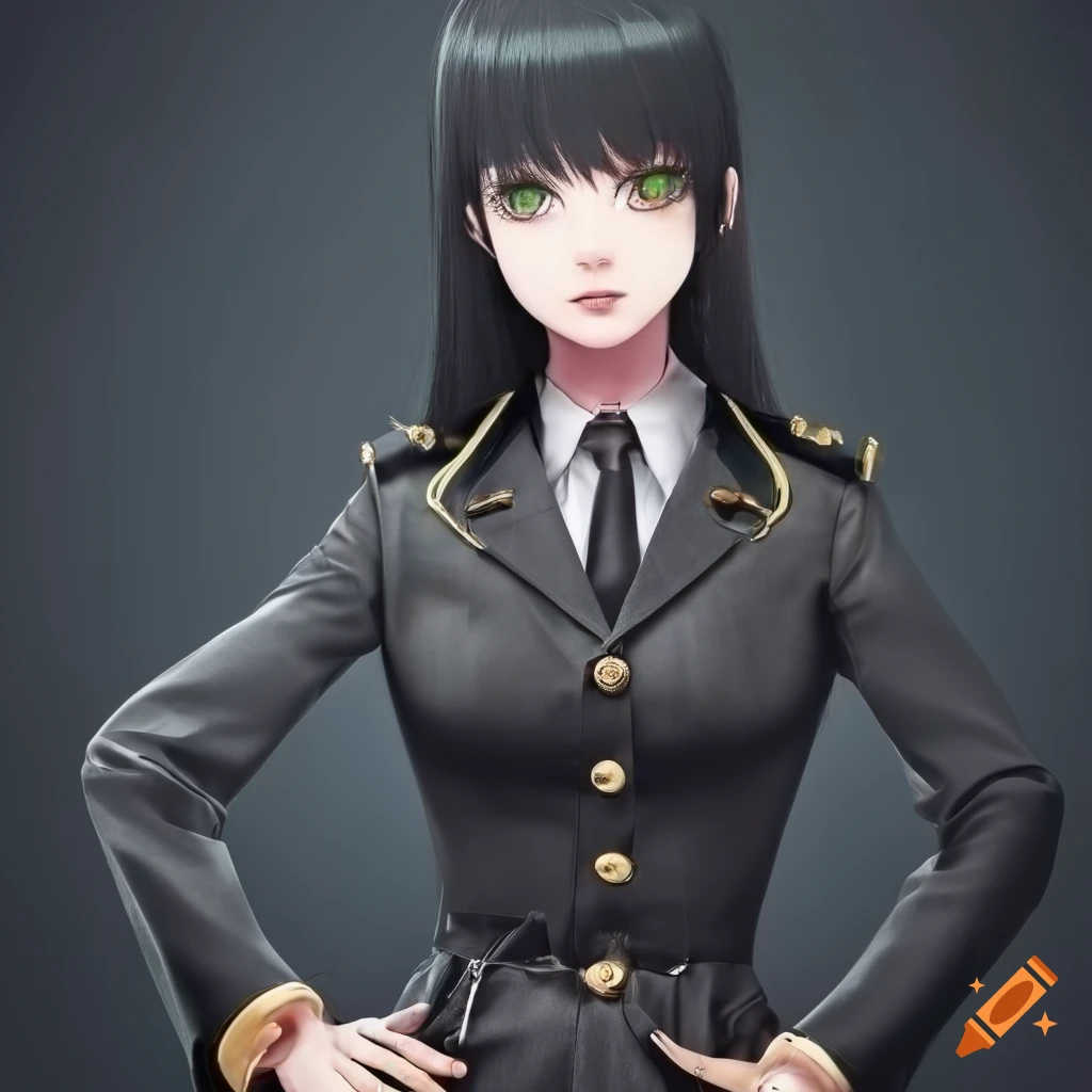 elegant woman in black uniform on dark background