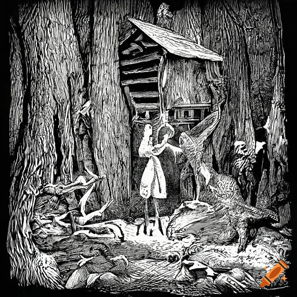 storybook illustration of a cabin supported by chicken feet