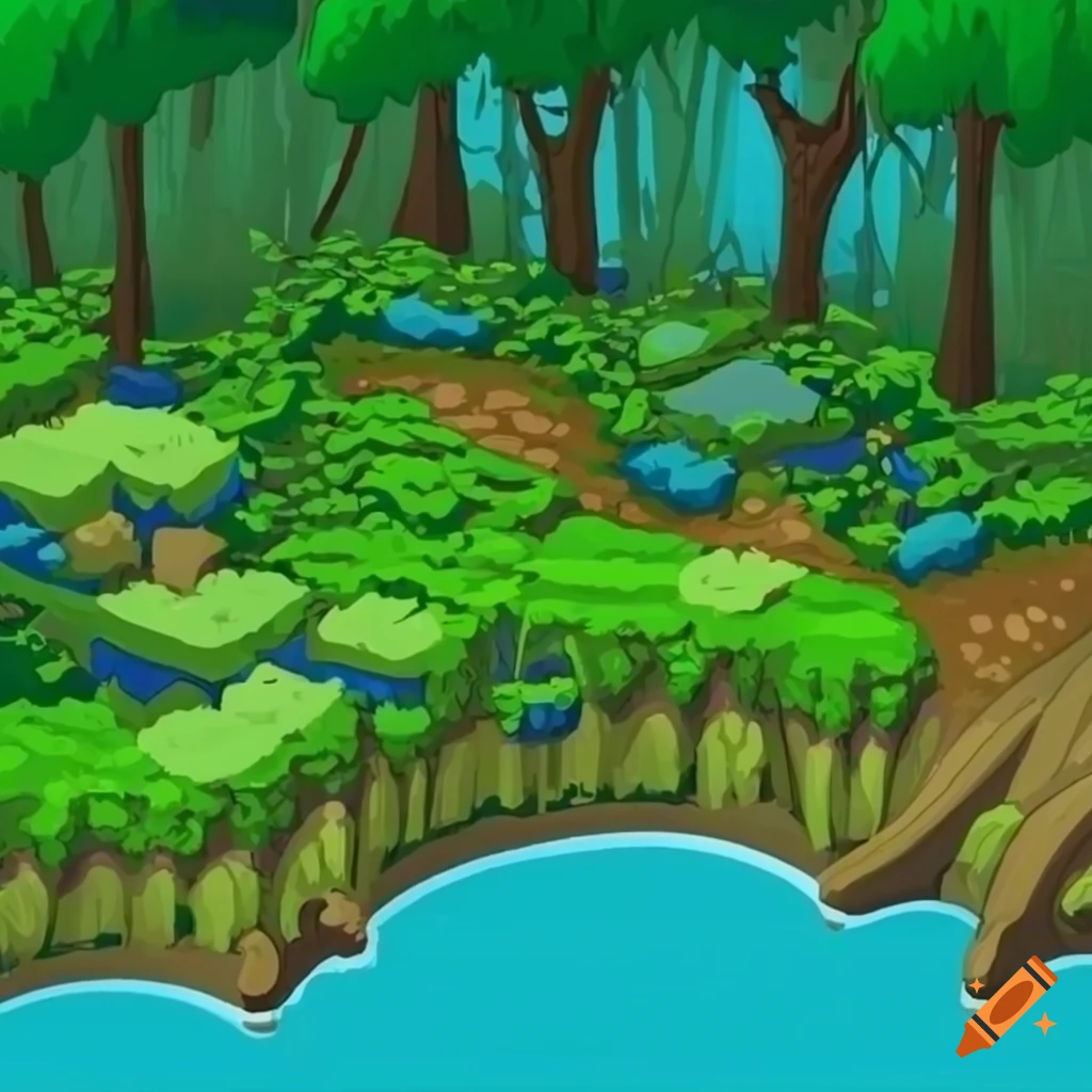 isometric artwork of a forest path and lagoon
