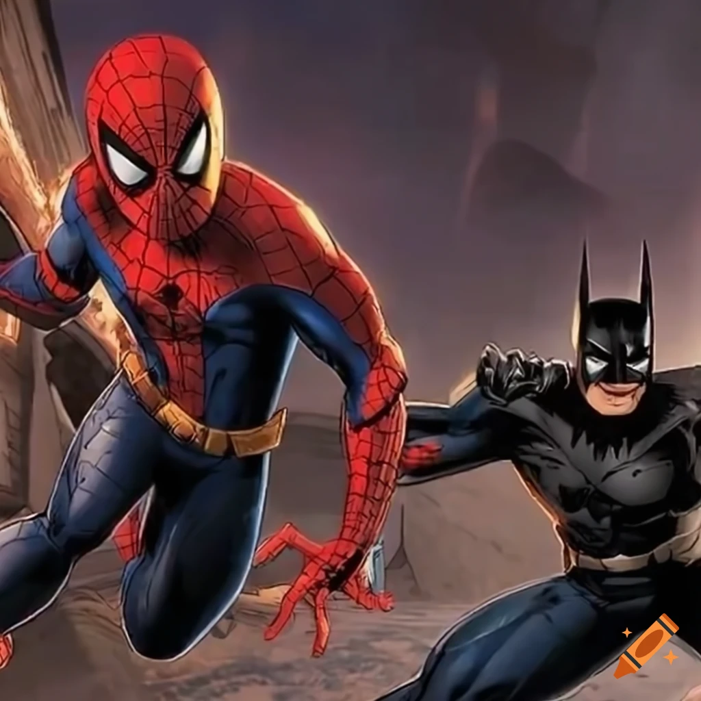 Superhero battle between Batman and Spiderman on Craiyon