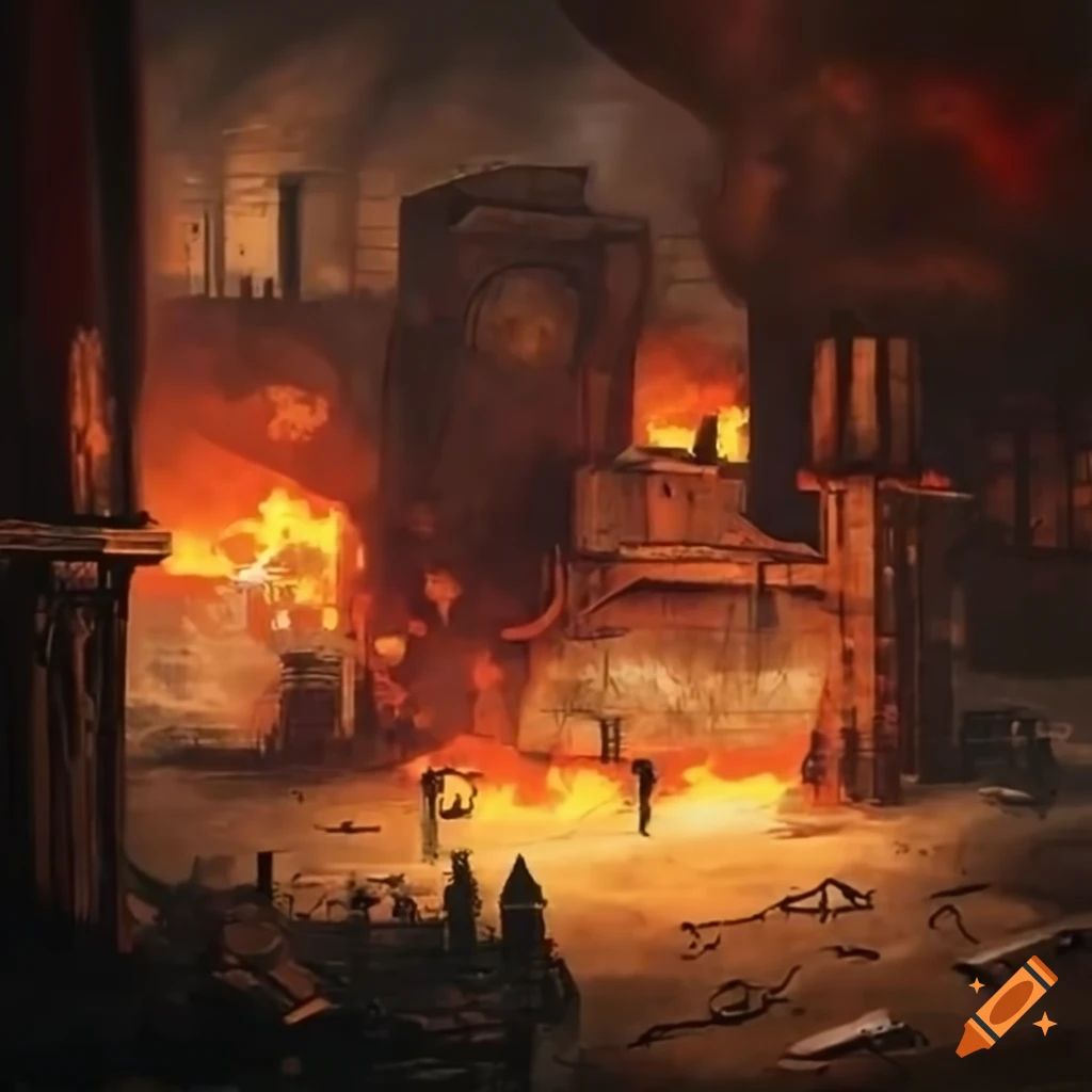 dieselpunk style factory with blazing furnaces
