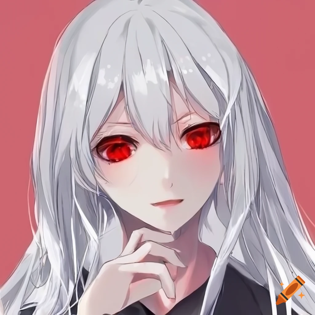 Digital art of an anime girl with white hair and red eyes on Craiyon