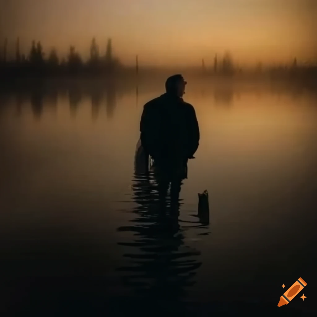 man standing in lake at sunset with old briefcase