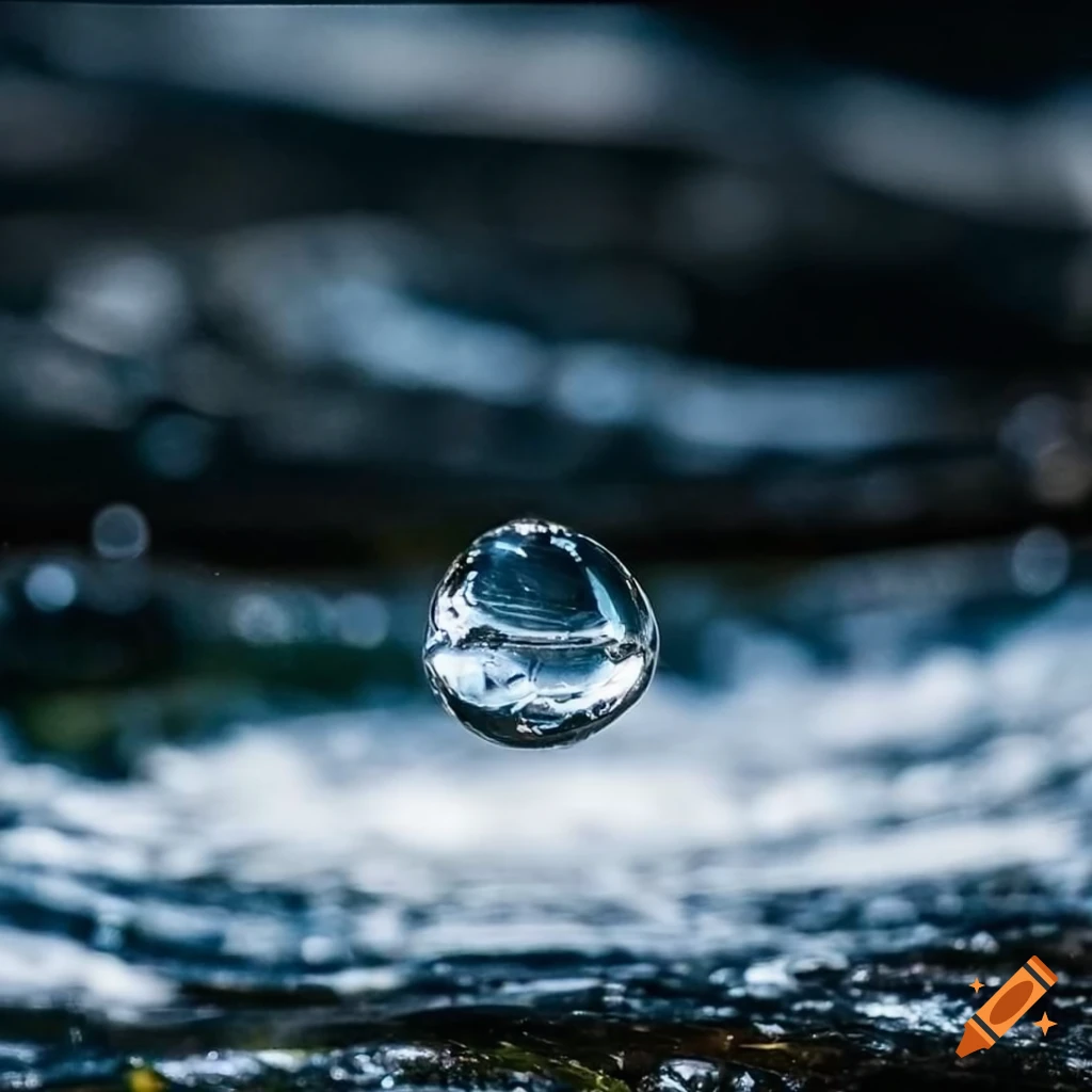 macro photo of a water drop falling into a river