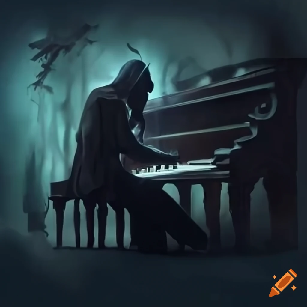 image of a ghostly figure playing piano in a haunted music studio